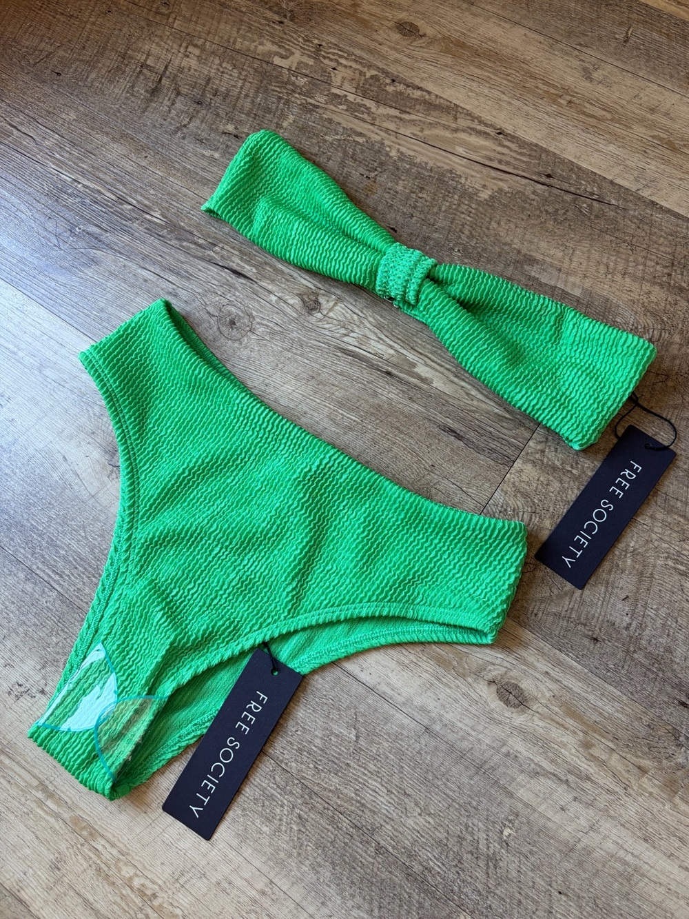 Free Society Green Crinkle High Waisted Strapless Bikini Resortwear Beach